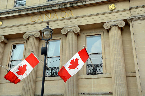 Government building with two Canadian Flags.